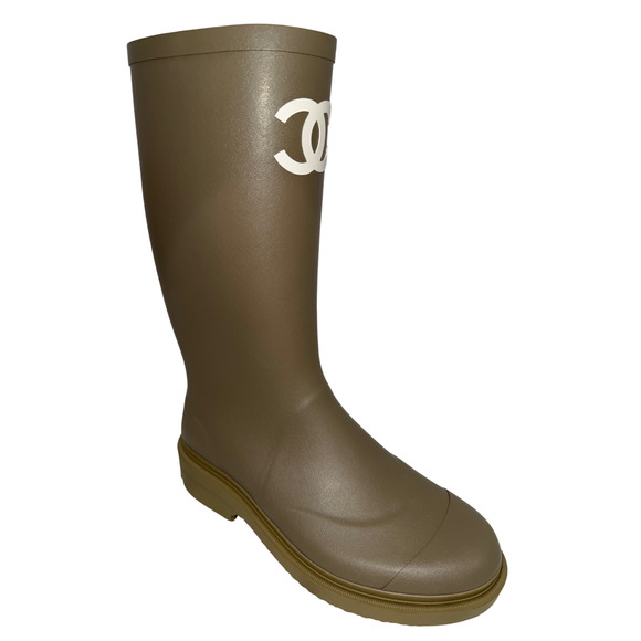 Chanel REV Dark Beige Moss Green White CC Logo High Pull On Rubber Rain Boots 42 - Picture 6 of 15